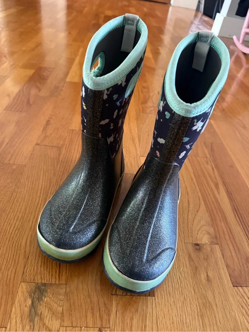 Kids Unicorn Print Navy & Mint Waterproof Rain Boots